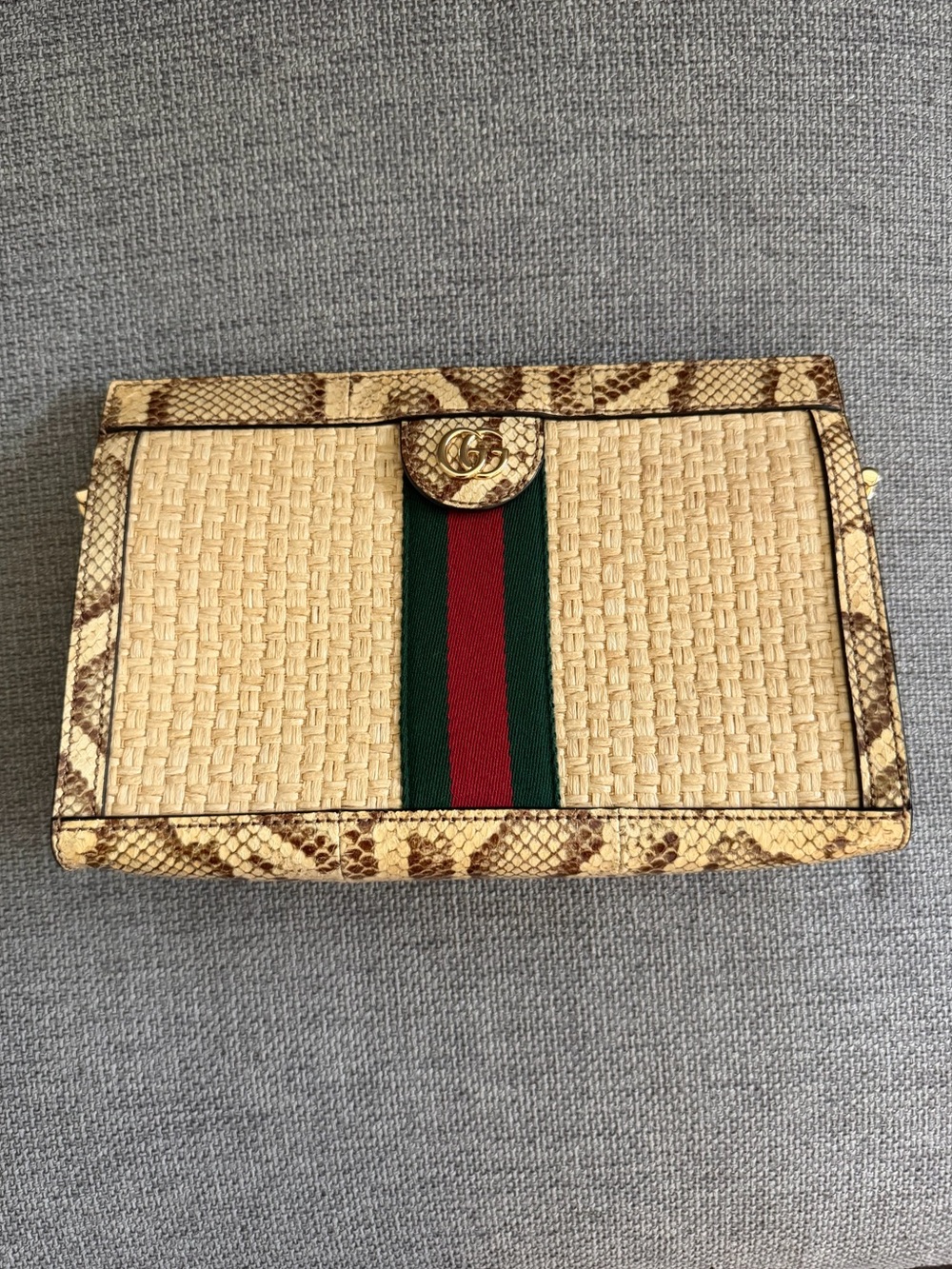 Gucci Raffia Elaphe GG Small Ophidia Chain Shoulder Bag with Original Dust Bag